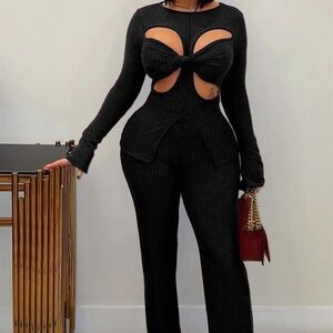 Black Cut-Out Ribbed Jumpsuit